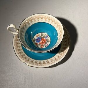 VTG AYNSLEY TEAL FLORAL ROSE TEA CUP & SAUCER SET